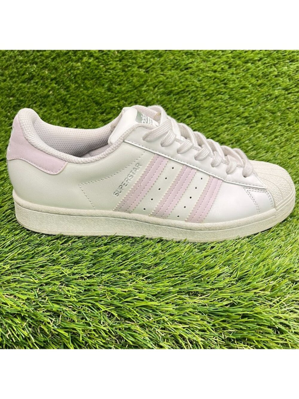 Adidas Superstar Womens Size 8.5 White Purple Athletic Leather Shoes Sneakers